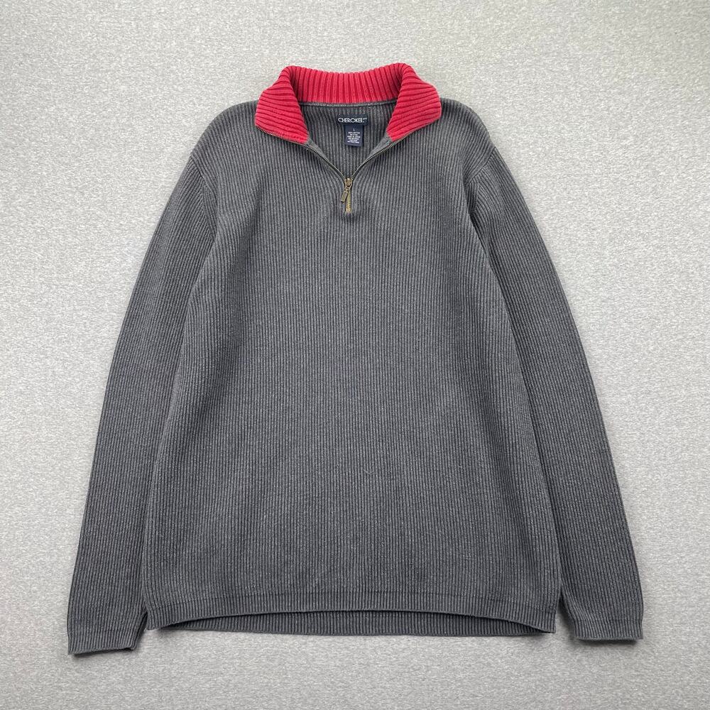 y2k Vintage Cherokee Ribbed Sweater Mens L Gray Red 1/4 Zip Knit Pullover Skater